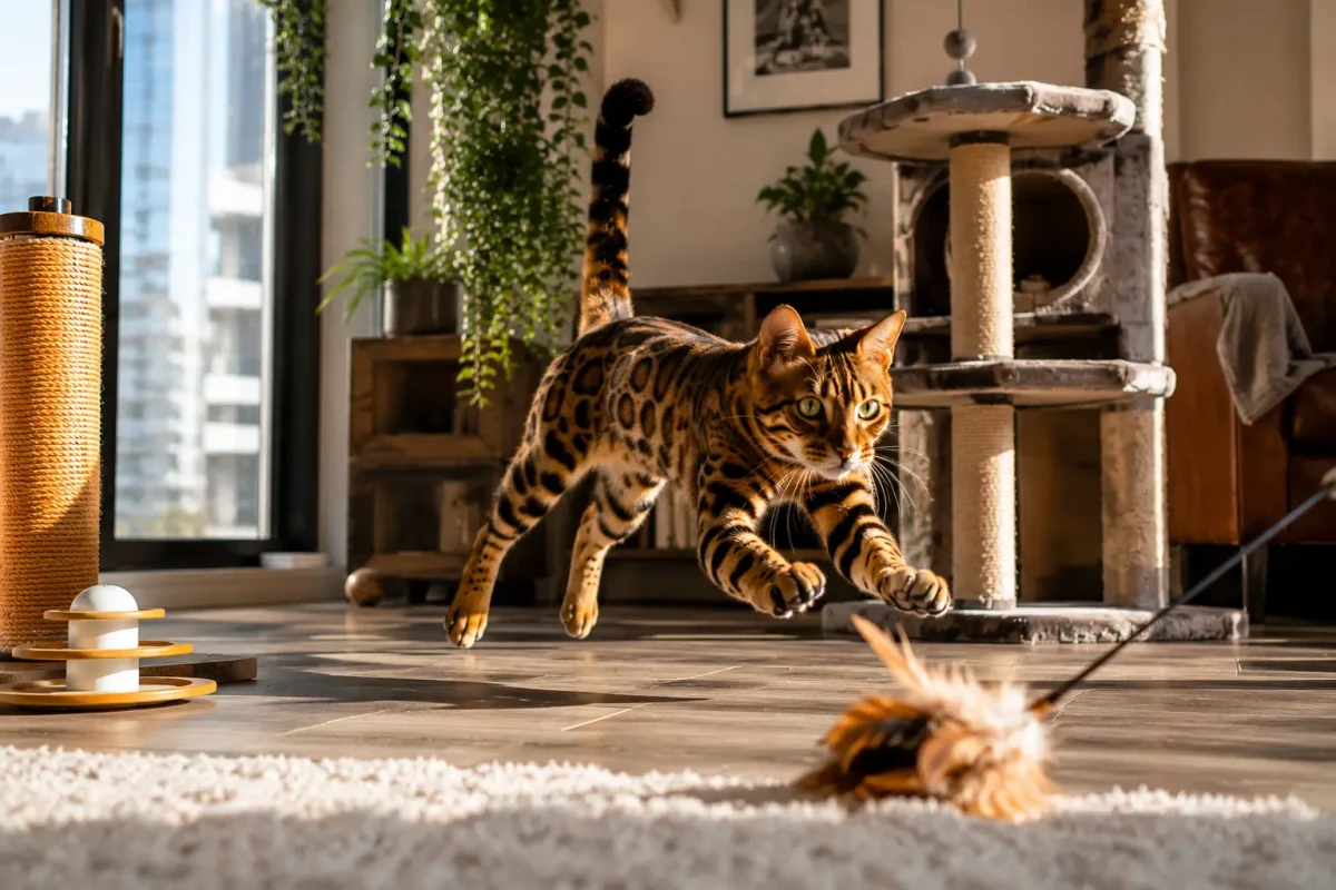 میزان فعالیت مورد نیاز گربه بنگال | Bengal Cat پرانرژی در حال بازی و پریدن در خانه