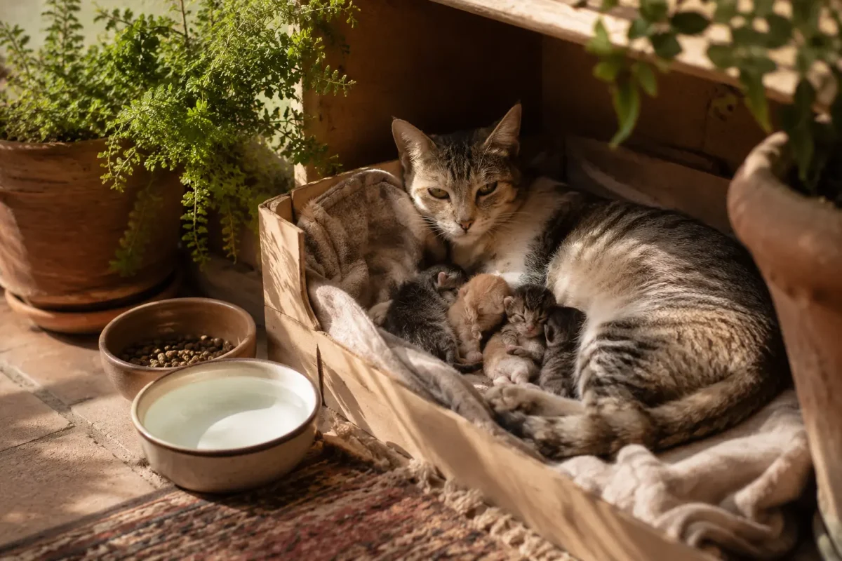 گربه مادر خیابانی کنار بچه‌گربه‌ها در جعبه‌ای امن؛ تصویر مرتبط با زاییدن گربه در خانه نشانه چیست