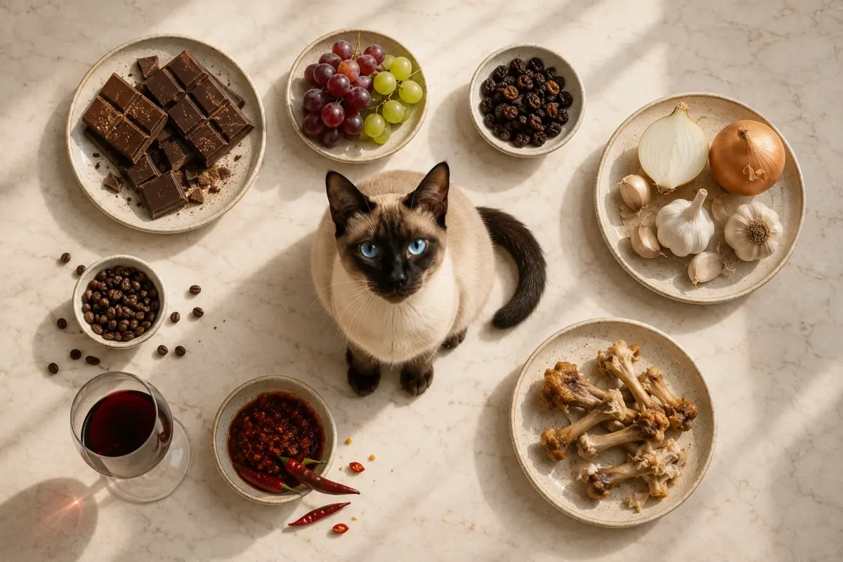 غذاهای مضر برای گربه ها شامل شکلات، پیاز، انگور و مواد غذایی خطرناک دیگر