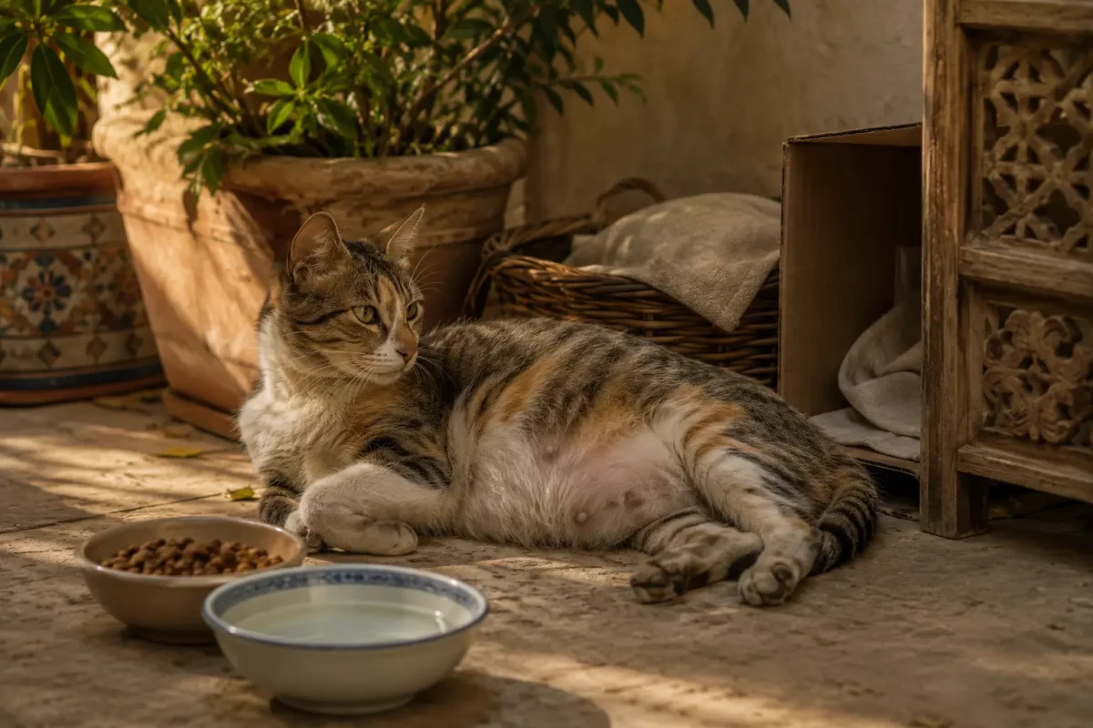 گربه باردار خیابانی در گوشه‌ای امن کنار آب و جعبه نرم؛ تصویر مرتبط با آمدن گربه باردار به خانه نشانه چیست