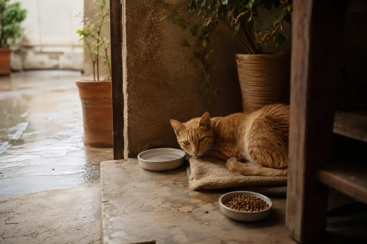 گربه خیابانی در گوشه‌ای امن کنار آب و غذا؛ تصویر مرتبط با علت واقعی آمدن گربه به خانه