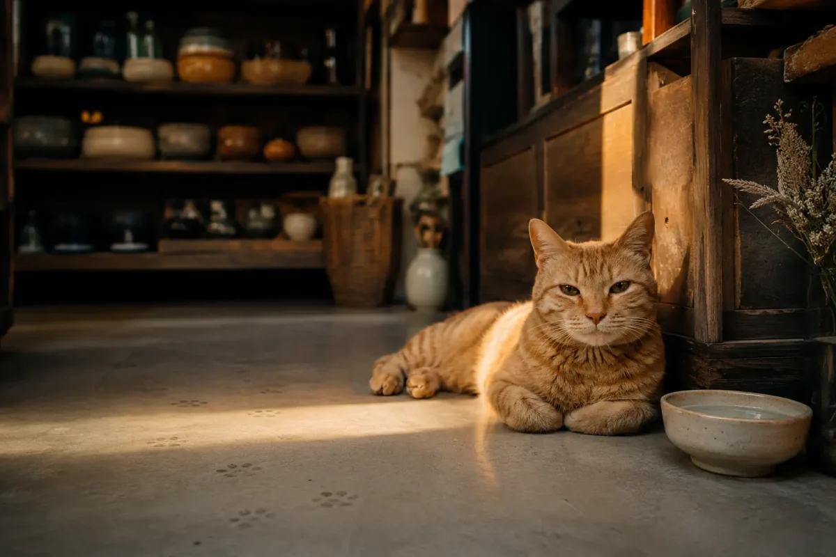 گربه خیابانی در فضای آرام مغازه کنار ظرف آب؛ تصویر مرتبط با آمدن گربه به مغازه نشانه چیست