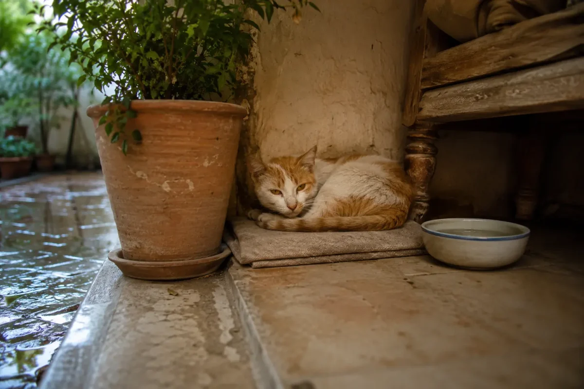 گربه خیابانی پناه‌گرفته در گوشه‌ای امن کنار ظرف آب؛ تصویر مرتبط با پناه آوردن گربه به خانه نشانه چیست