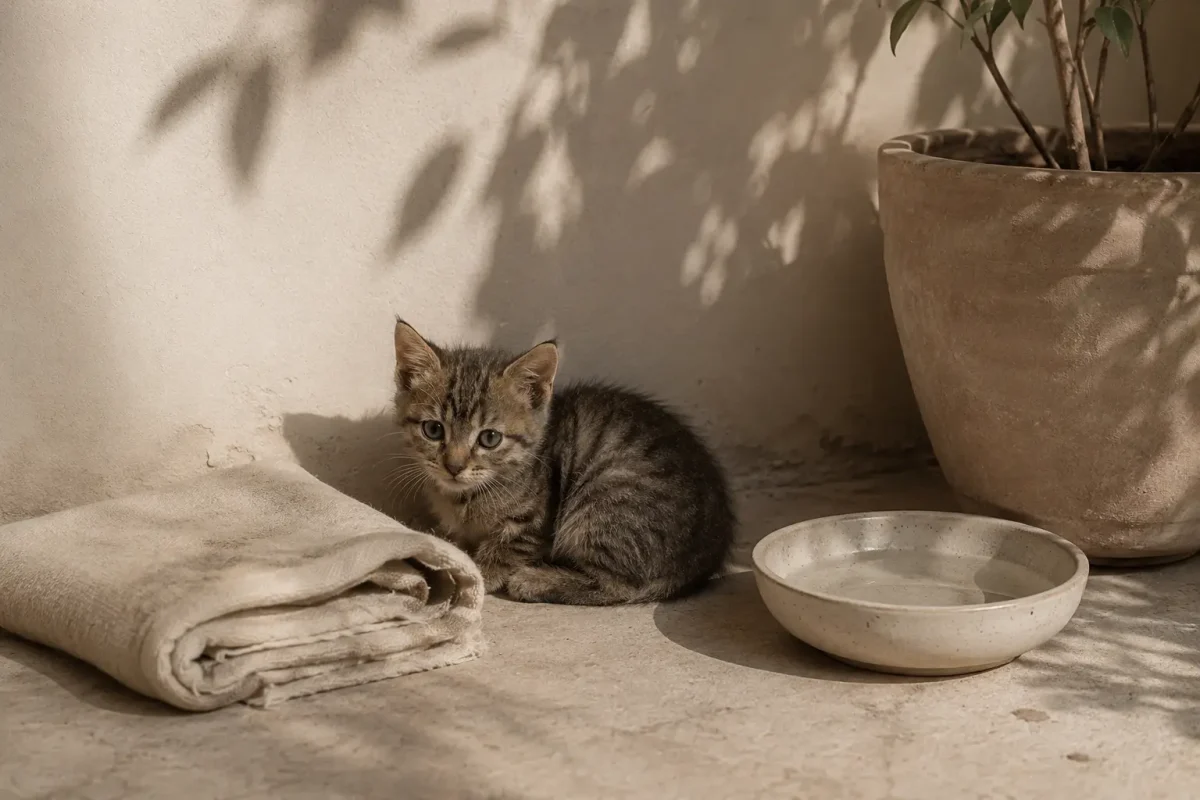 بچه گربه خیابانی در گوشه‌ای امن کنار کاسه آب؛ تصویر مرتبط با آمدن بچه گربه به خانه نشانه چیست