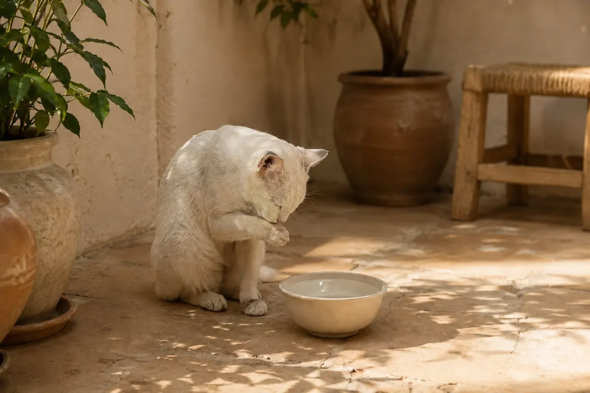 گربه سفید خیابانی با پنجه‌های خاکی در فضای آرام خانه؛ تصویر مرتبط با آمدن گربه سفید به خانه نشانه چیست