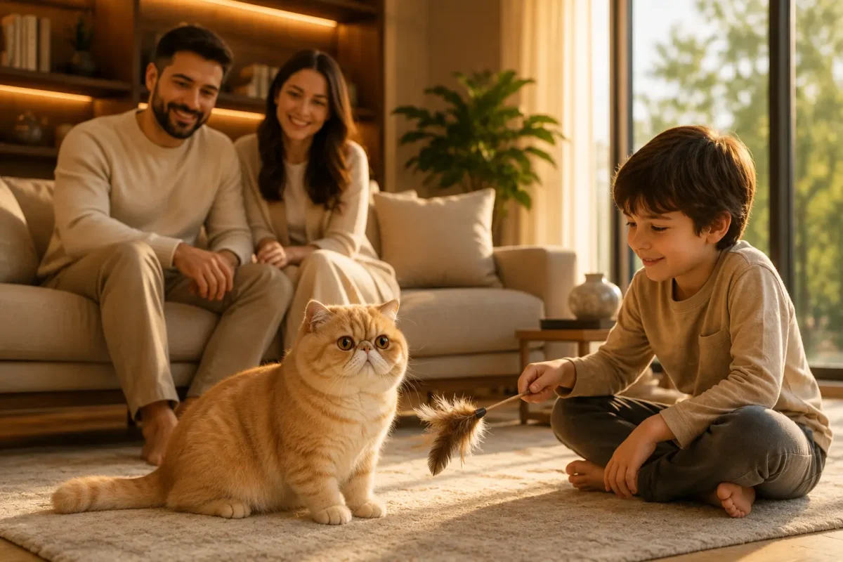 گربه اگزوتیک در کنار خانواده داخل خانه؛ نژادی مناسب برای زندگی آپارتمانی و افراد مبتدی