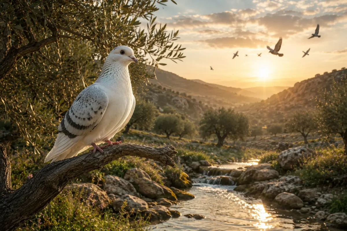 تعبیر خواب کبوتر از نظر قرآن با تصویر کبوتر سفید در باغ زیتون و فضای آرام معنوی