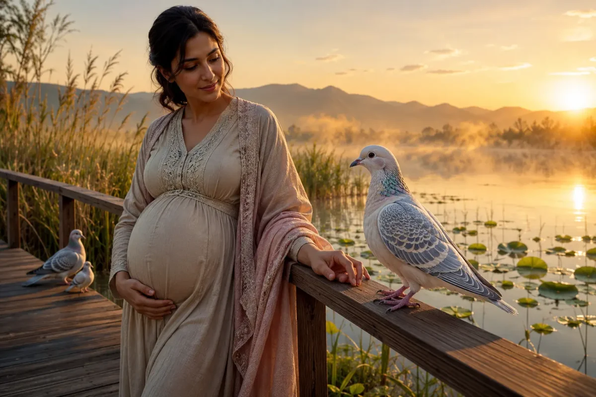 تعبیر خواب کبوتر برای زن باردار با تصویر زنی آرام و کبوتر زینتی در طبیعتی امیدبخش