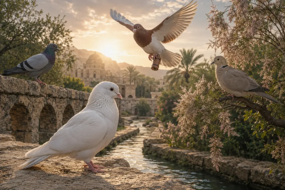تعبیر خواب کبوتر حرم، کبوتر نامهبر، کبوتر چاهی و یاکریم با تصویر چهار نوع کبوتر در فضایی آرام و نمادین