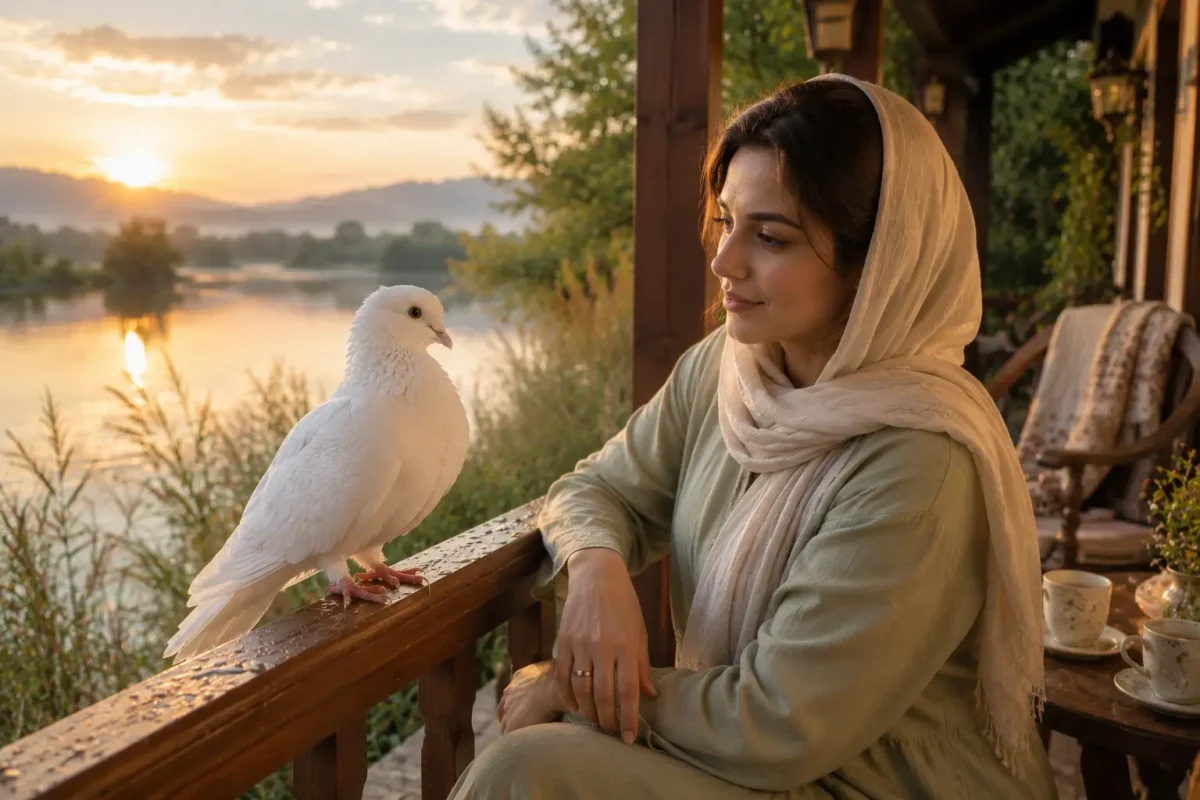 تعبیر خواب کبوتر سفید برای زن متاهل با تصویر زنی آرام و کبوتر سفید در فضای صمیمی خانه