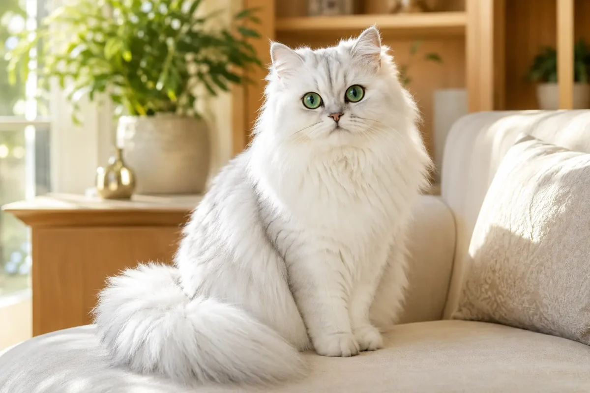 گربه چینچیلا پرشین با موهای بلند نقره‌ای و چشم‌های سبز