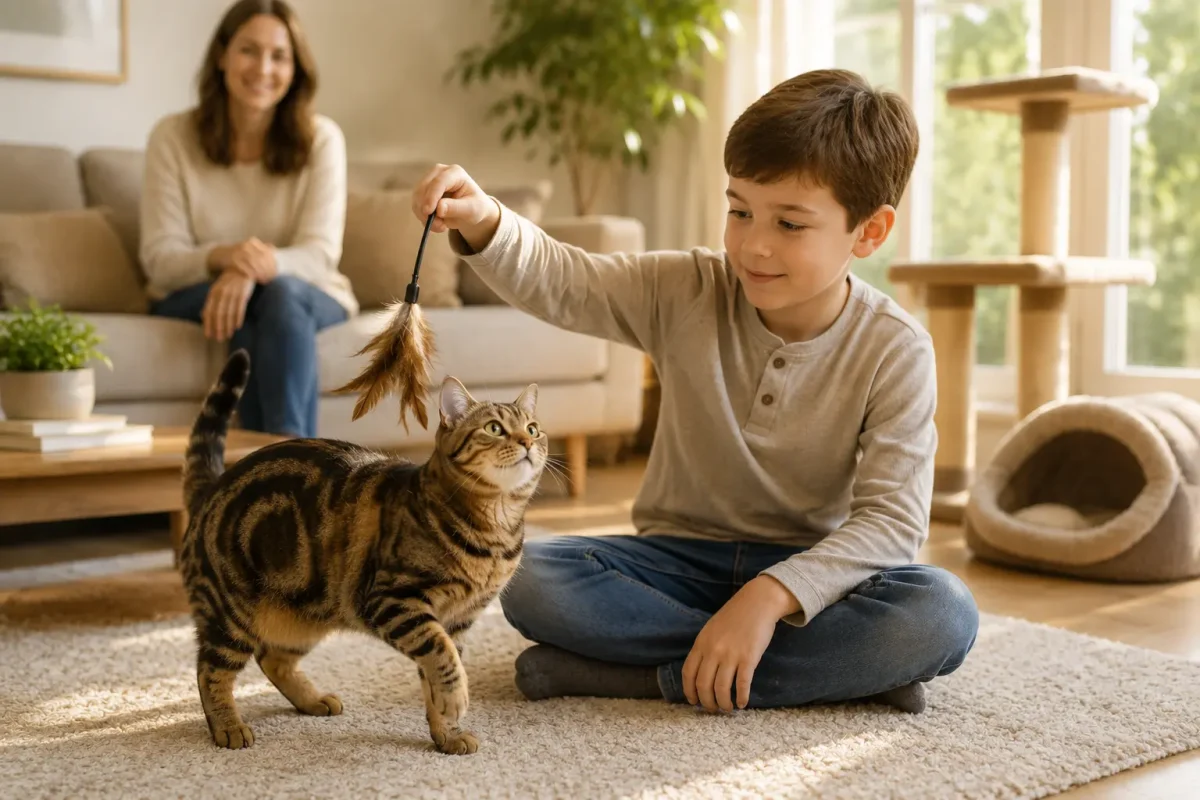 گربه آمریکن شورت هیر در حال بازی آرام با کودک