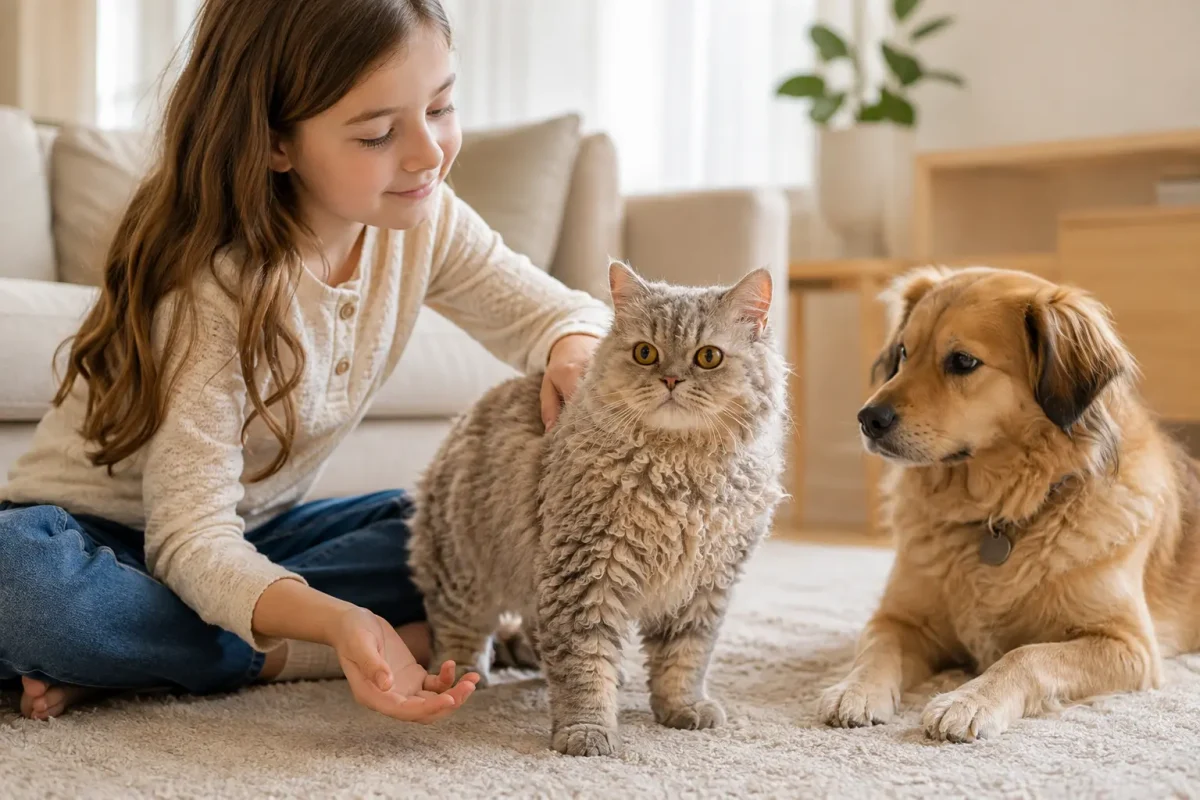 گربه سلکرک رکس در کنار کودک و سگ خانگی
