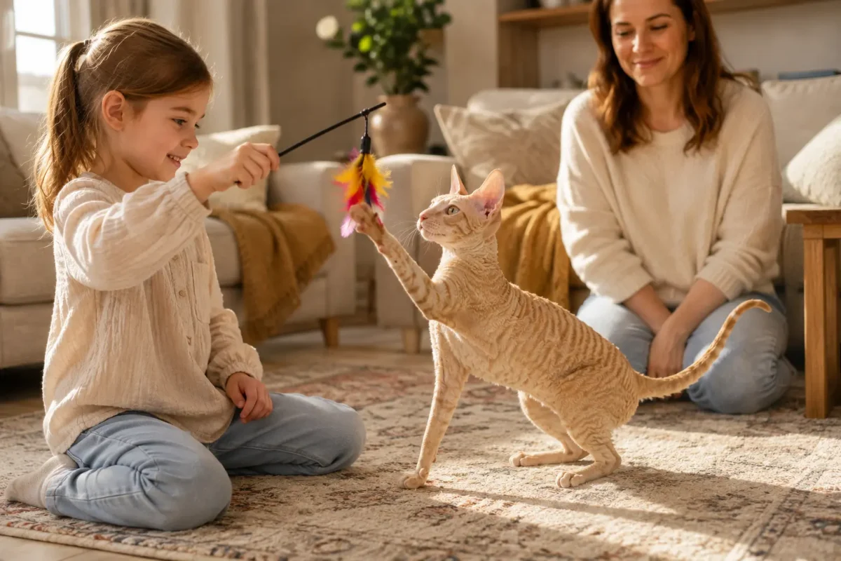 گربه کورنیش رکس در حال بازی آرام با کودک در محیط خانواده