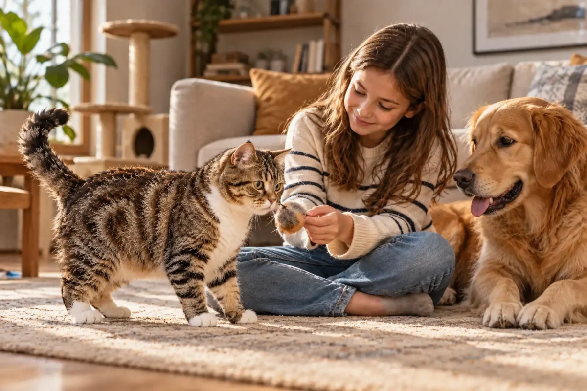 گربه آمریکن وایرهیر در کنار کودک و سگ خانگی آرام