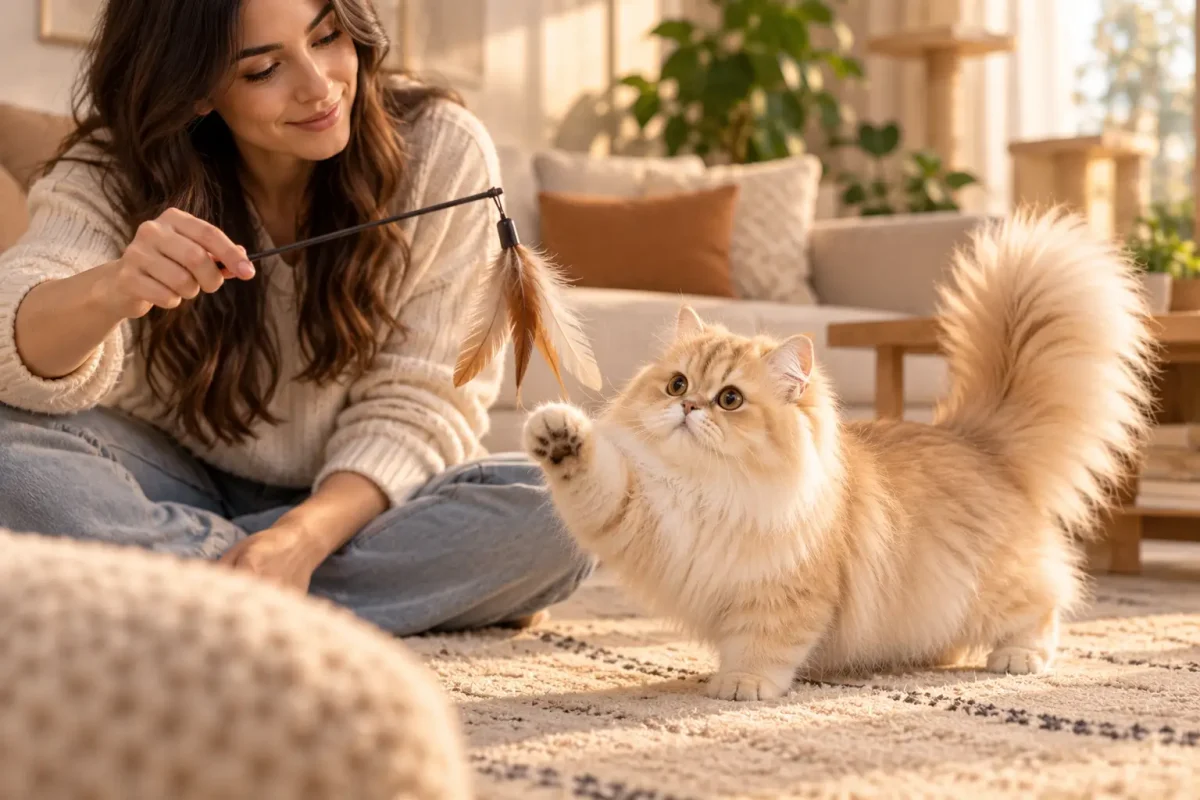 رفتار آرام و اجتماعی گربه مینوئت هنگام بازی با صاحب خود