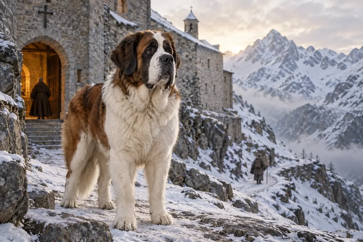 سگ سنت برنارد در گذرگاه کوهستانی Great St. Bernard در آلپ سوئیس