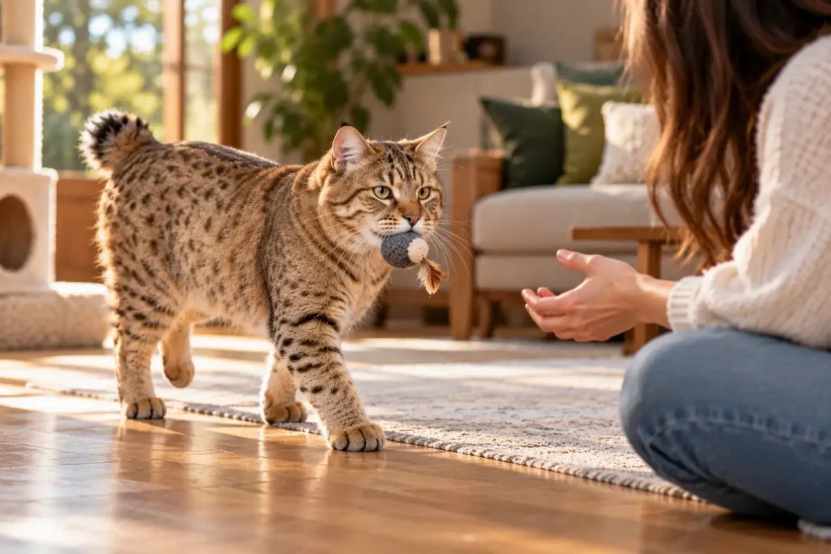 گربه پیکسی باب در حال برگرداندن اسباببازی به صاحب خود هنگام بازی Fetch