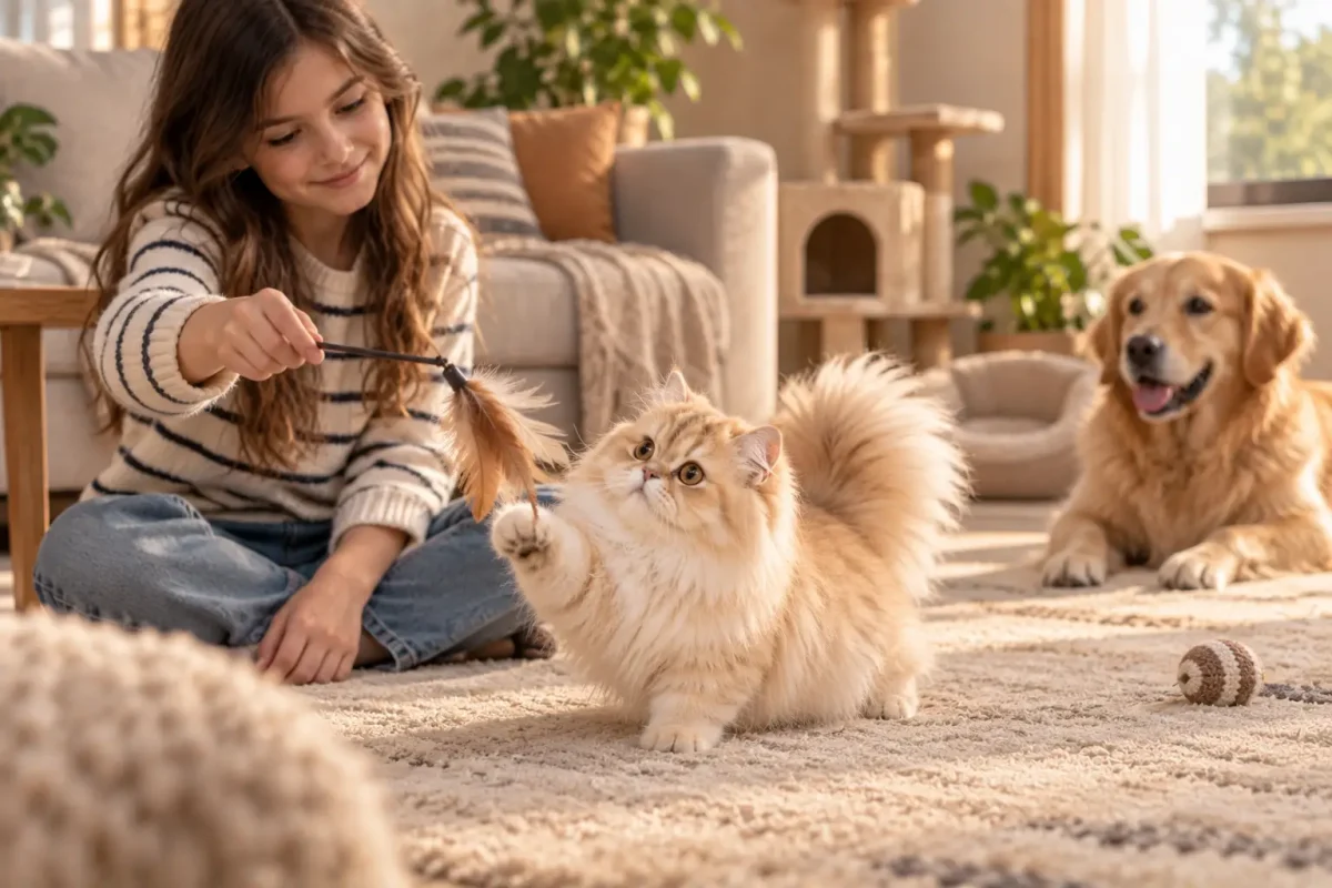 رفتار گربه مینوئت با کودک و سگ خانگی در محیط آرام خانه