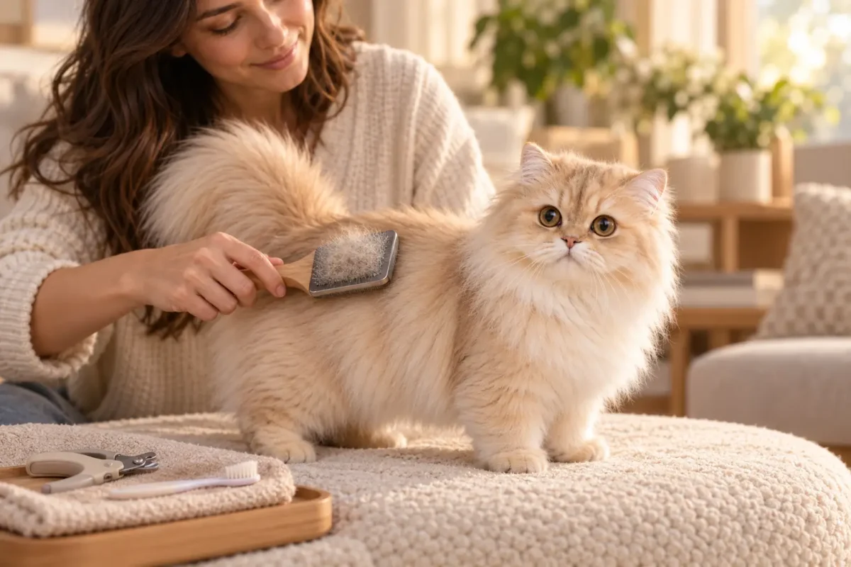 شانه زدن و نظافت گربه مینوئت موبلند برای کاهش گره و موهای مرده
