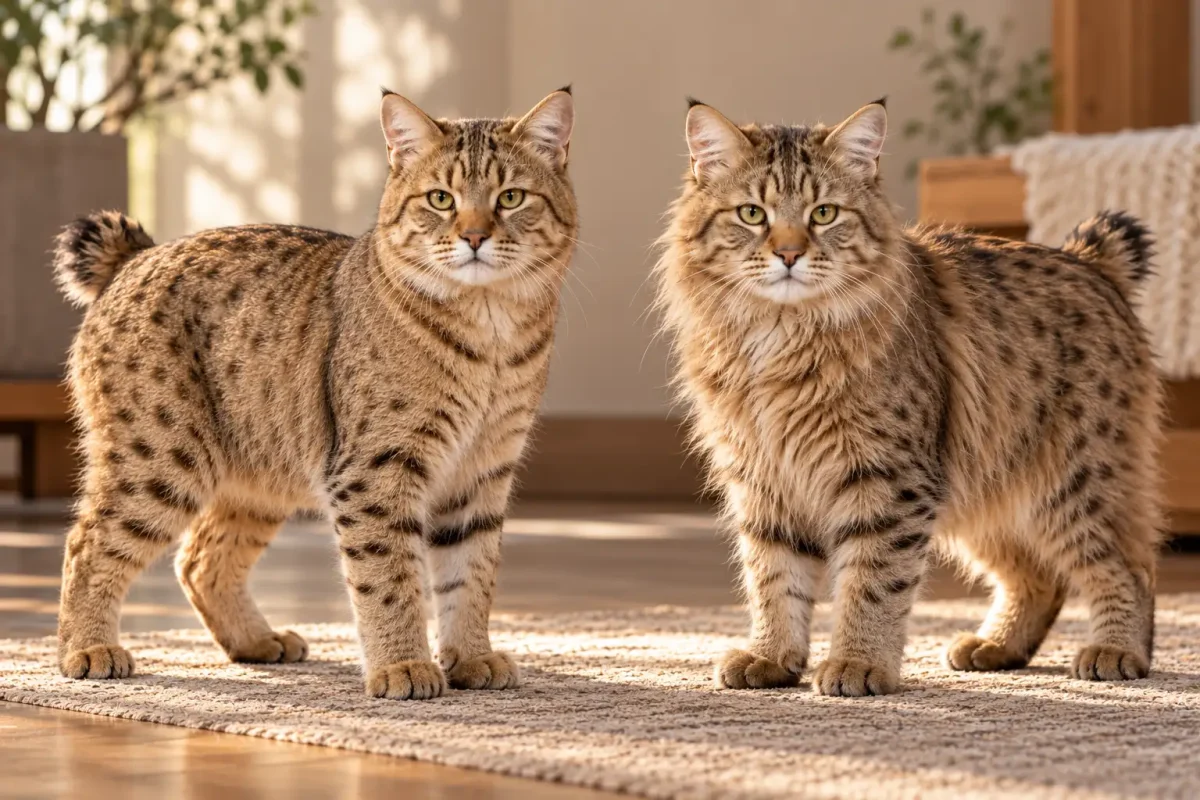 مقایسه پوشش کوتاهمو و بلندموی گربه پیکسی باب با رنگ Brown Spotted Tabby