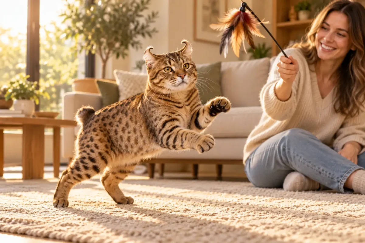 گربه هایلندر بازیگوش و اجتماعی در حال بازی با اسباببازی پردار و صاحبش در خانه
