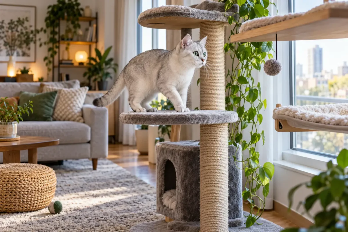 گربه برمیلا در آپارتمان مجهز به درخت گربه اسکرچر و فضای عمودی