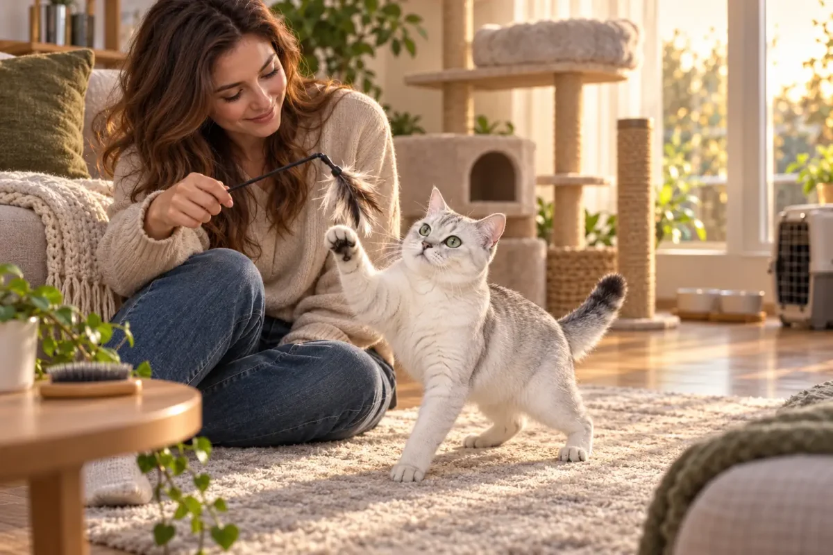 گربه برمیلا در کنار صاحب خود با فضای مناسب بازی و نگهداری در خانه