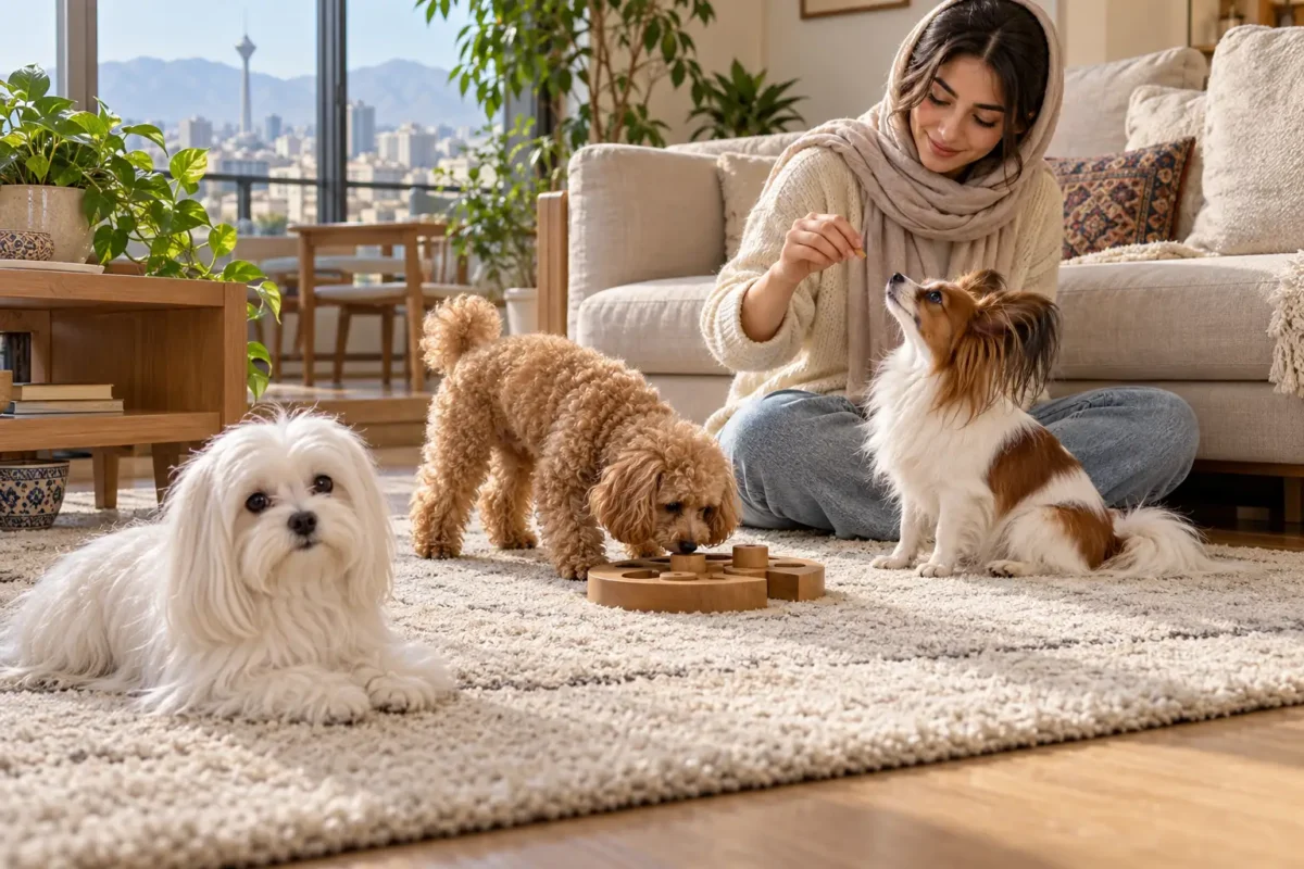 سه نژاد سگ کوچک مناسب آپارتمان شامل مالتیز، توی پودل و پاپیلون در محیط خانه