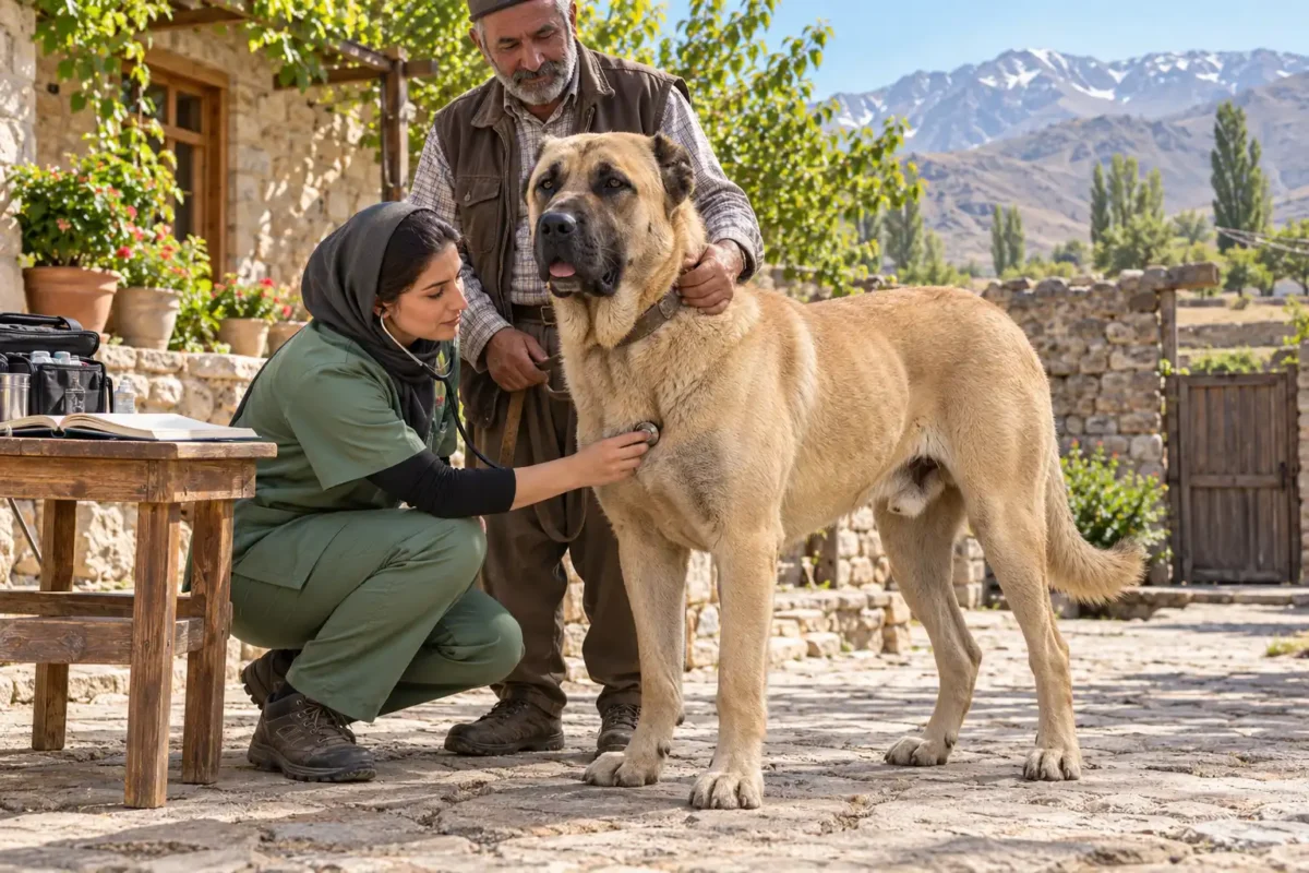 سگ سرابی ایرانی در کنار صاحب و دامپزشک در محوطه روستایی آذربایجان شرقی؛ نمونه‌ای از سگ‌های نگهبان بومی ایران