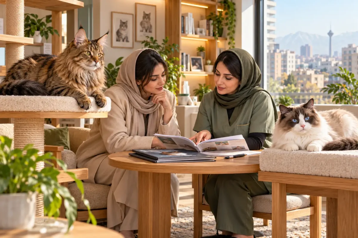 گربههای بزرگ مین کون و رگدال در مرکز مشاوره نگهداری گربه در ایران هنگام بررسی مدارک سلامت